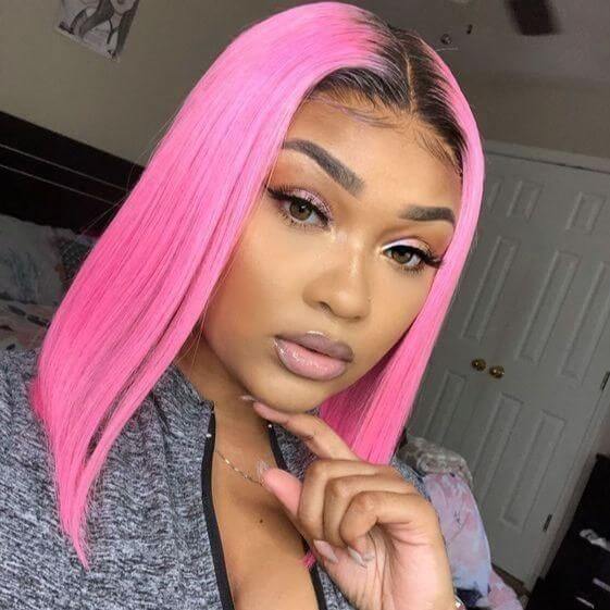 Human Hair 13x4 Lace Front Ombre 1B/Pink Straight BOB Wig